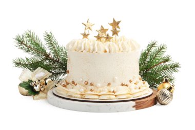 Beyaz üzerine Noel süsü konmuş lezzetli bir pasta.