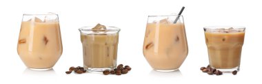Buzlu kahve içecekler beyaz üzerine izole edilmiş, set.