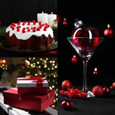 Noel atmosferi. Farklı tatil temalı fotoğrafların kolajı