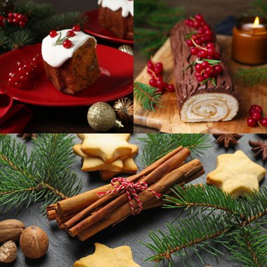 Noel atmosferi. Farklı tatil temalı fotoğrafların kolajı