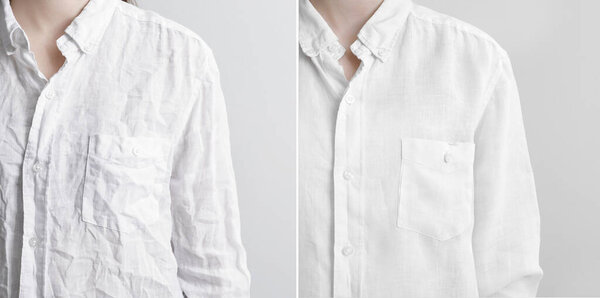 Woman in shirt before and after ironing, closeup. Collage on light background