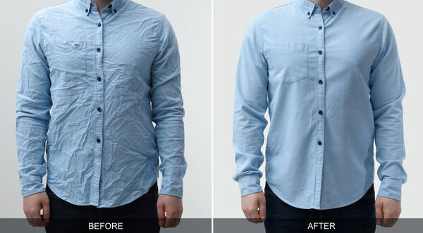Man in shirt before and after ironing, closeup. Collage on light background