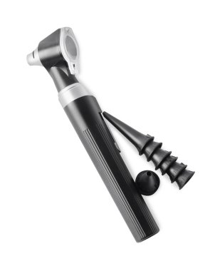 Duyma testi. Otoskop ve kulak spekulumları beyaz, üst görünümde izole