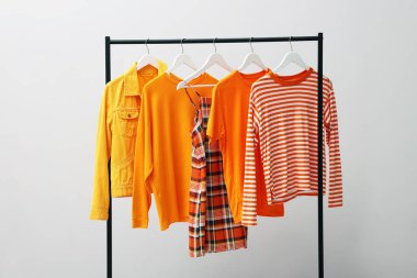 İçerideki duvarın yanındaki askıda asılı farklı şık kıyafetler.