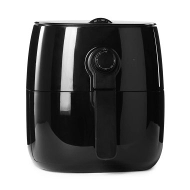 Beyazda izole edilmiş siyah bir fritöz.