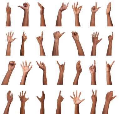 Beyaz arka planda bir dizi el hareketi. Kolunu gösteren Afrikalı Amerikalı adam, yakın plan.