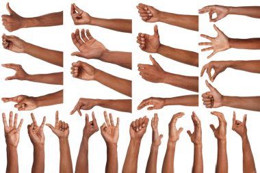 Beyaz arka planda bir dizi el hareketi. Kolunu gösteren Afrikalı Amerikalı adam, yakın plan.