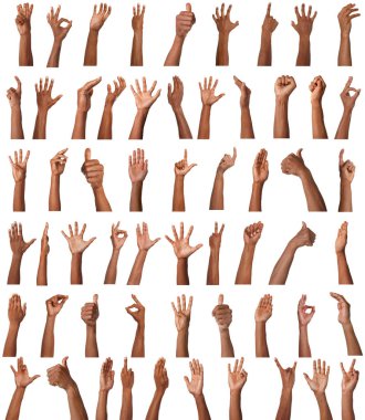 Beyaz arka planda bir dizi el hareketi. Kolunu gösteren Afrikalı Amerikalı adam, yakın plan.