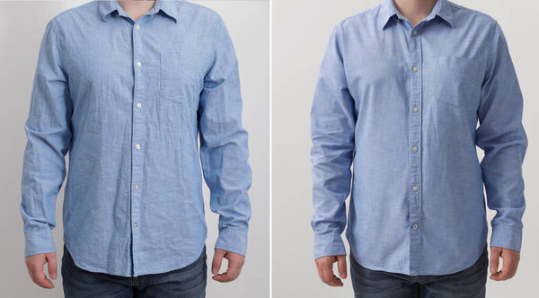 Man in shirt before and after ironing, closeup. Collage on white background
