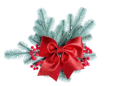 Noel ağacı dalları, böğürtlenler ve yay beyaza izole edilmiş