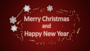 Mutlu Noeller ve mutlu yıllar kırmızı arka planda kar taneleri ve flamalarla dolu yeni yıl tebrik kartı