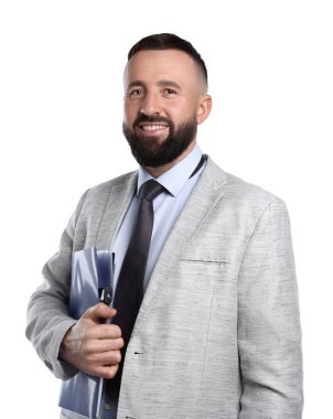 Gizli kamera ve beyaz arka planda panosu olan bir iş adamı.