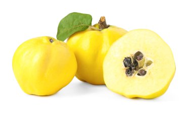 Tam ve olgun ayva meyveleri beyaza izole edilmiş.