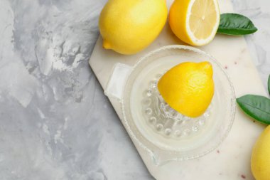 Meyve sıkacağında limon suyu, yapraklar ve açık gri masada taze limonlar. Metin için boşluk