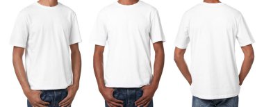 Tişörtlü adam beyaz arka plana karşı, yakın plan. Kolaj