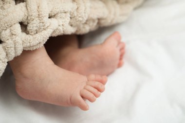 Evde, yumuşak battaniyeye sarılı yeni doğmuş bebek, yakın plan. Metin için boşluk