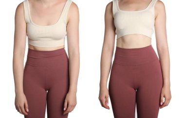 Kolajdan önce ve sonra beyaz arka plana karşı iyi ve kötü duruşu olan bir kadın görülüyor.