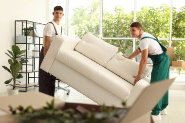 Taşınma günü. Yeni ofisinde şık kanepesi olan işçiler