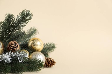 Köknar ağacı dalları ve bej arka planda şenlik dekoru olan güzel bir Noel kompozisyonu, yakın plan. Metin için boşluk