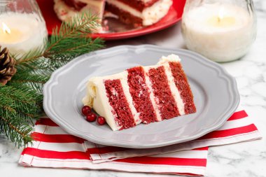 Beyaz mermer masada servis edilen yaban mersinli bir dilim lezzetli pasta, yakın plan. Noel tatlısı