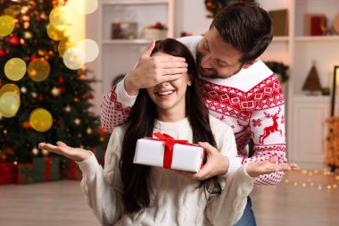 Mutlu erkek arkadaşı evde Noel hediyesiyle kız arkadaşına sürpriz yapıyor.