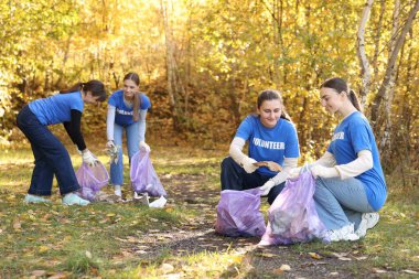 Çantalı bir grup mutlu gönüllü parkta çöp topluyor.