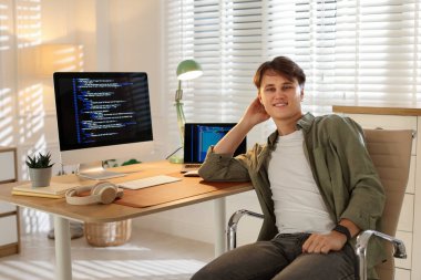 İş yerindeki sandalyede gülümseyen programcının portresi