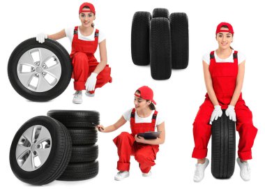 Lastik tamircisi ve tekerlekler beyaza izole edilmiş, kolaj