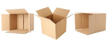 Boş karton kutuyu aç, beyaz üzerine izole edilmiş, set. Paketlemenin farklı yönleri
