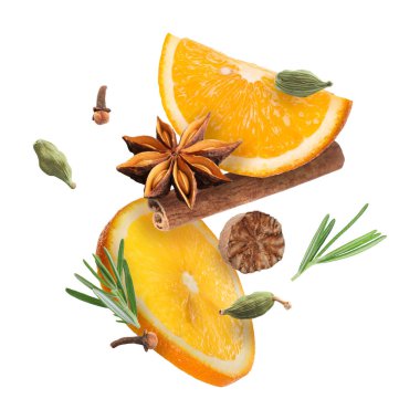 Beyaz arka plana dökülen sıcak şarap malzemeleri. Geleneksel Noel içkisi