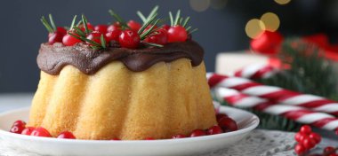 Çikolata jöleli lezzetli Noel pastası, kırmızı böğürtlenler ve biberiye masasında gri arka planda, bulanık ışıklar, yakın plan. Bokeh etkisi