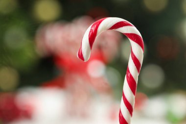 Şekerleme çubuğu arka planda bulanık, yazı için yer var. Noel hediyesi