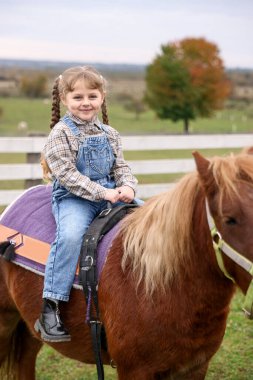 At destekli terapi. Küçük kız dışarıda güzel bir midilliye biniyor. Sevimli evcil hayvan