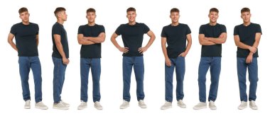 Beyaz arka planda kot pantolon giyen genç bir adam. Bir dizi portre