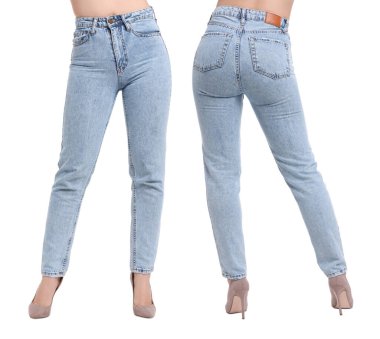 Beyaz arka planda açık mavi kot giyen bir kadın, yakın plan. Arka ve ön görünüm kolajı