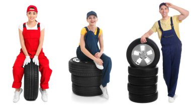 Lastik işçileri ve tekerlekler beyaza izole edilmiş, kolaj