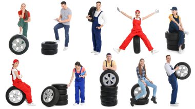 Lastik işçileri ve tekerlekler beyaza izole edilmiş, kolaj