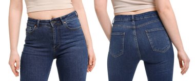 Beyaz arka planda kot giyen bir kadın, yakın plan. Arka ve ön görünüm kolajı