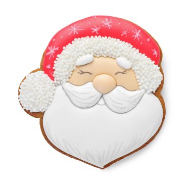 Noel Baba şeklinde lezzetli zencefilli kurabiye. Beyaz, üst manzara. Noel hediyesi