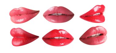 Beyaz ruj izole edilmiş kadın dudakları.