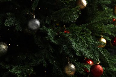 Yapay Noel ağacının dalları. Mücevherleri ve ışıkları var. Yakın plan.