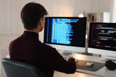 Ofisteki beyaz masada çift monitörlü bilgisayar üzerinde çalışan programcı