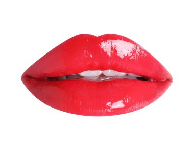Beyaz rujla izole edilmiş güzel kırmızı dudaklar.