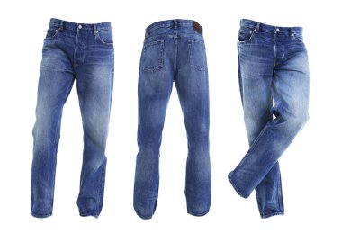 Beyazlar içinde izole edilmiş kot pantolon takımı.