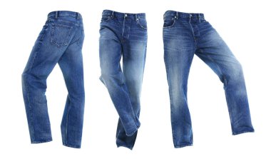 Beyazlar içinde izole edilmiş kot pantolon takımı.