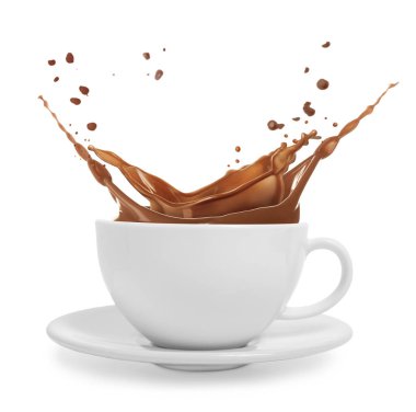 Lezzetli kakao içeceği beyaz arka planda bardağa sıçrıyor