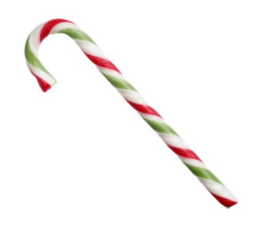 Beyaza izole edilmiş lezzetli bir baston şeker. Noel hediyesi