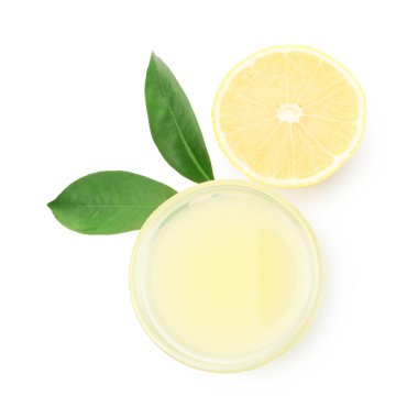 Taze limon suyu, meyve ve yapraklar beyaz, üst manzara