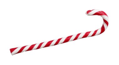 Beyaza izole edilmiş lezzetli bir baston şeker. Noel hediyesi