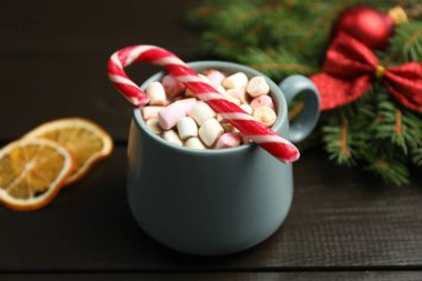 Lezzetli sıcak kakao, şekerleme kamışı, köknar ağacı dalı ve ahşap masada kurutulmuş portakal dilimleri, yakın plan. Noel mevsimi